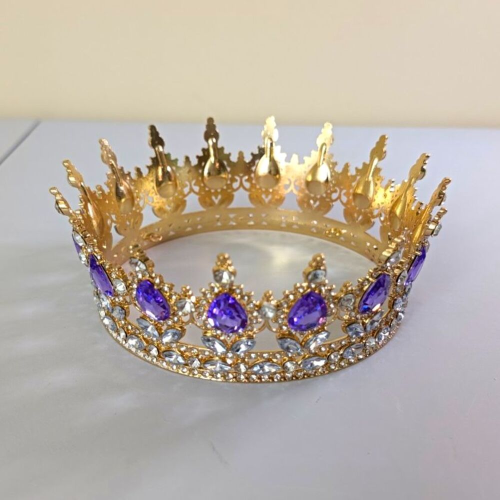 Gold Tone Crown Tiara Purple Rhinestones Princess Theme Women One Size B20